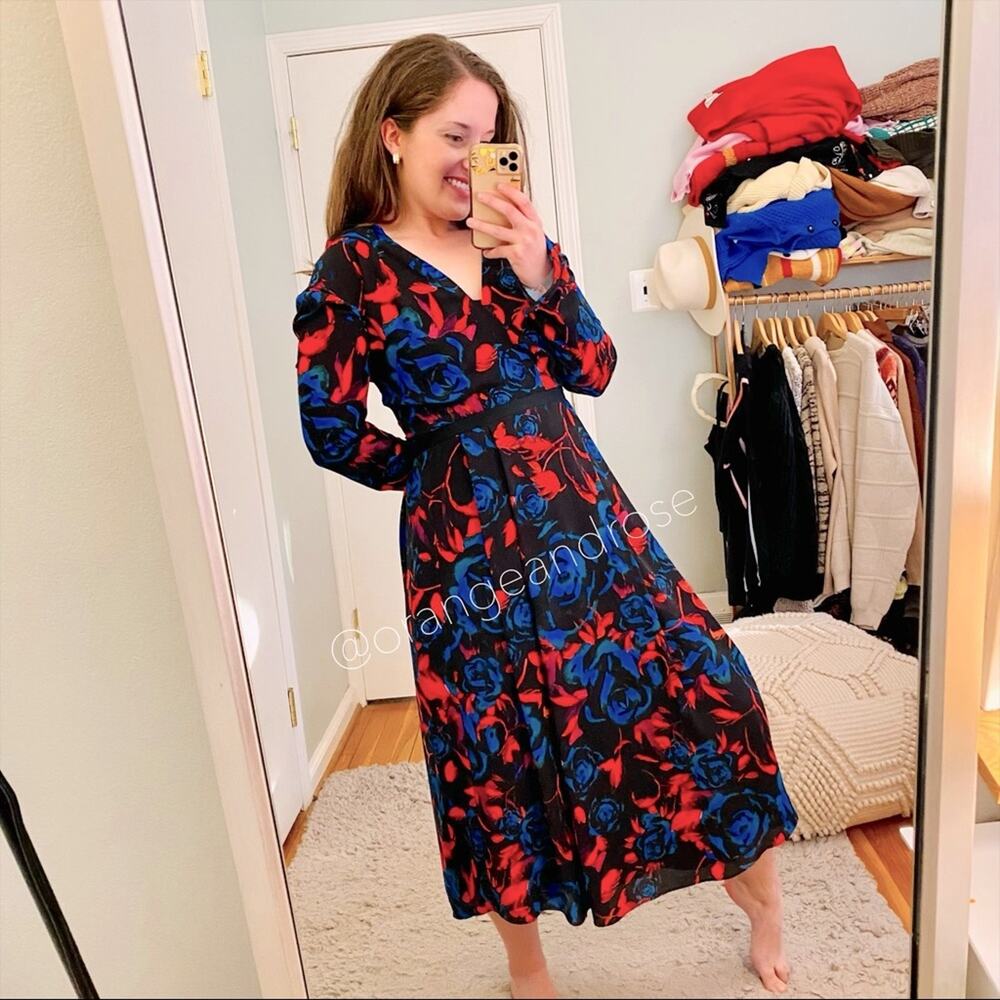 Hunter Bell New York Blue Red Black Floral V Neck Long Sleeve Maxi Dress Gown 2